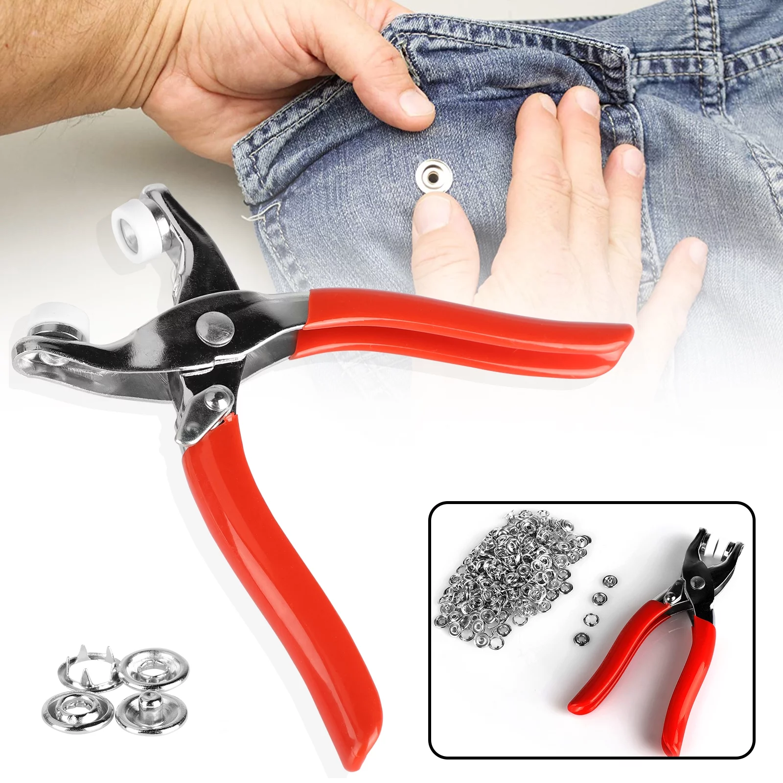 50 Sets Snap Fasteners Kit Tool, TSV Stainless Steel Snaps No-Sew Button Fasteners Studs, Fastener Pliers Press Snap Button for Sewing Crafting Clothes Jackets Jeans Shirts Bags, Silver, Red