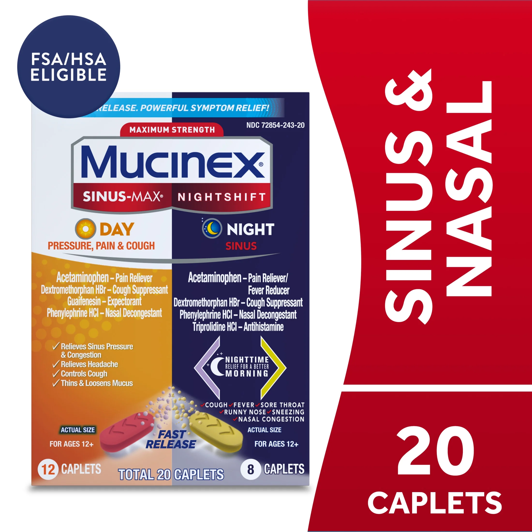 Mucinex Sinus-Max Day Pressure, Pain & Cough & Nightshift Sinus Medicine, OTC Symptom Relief, 20 Caplets
