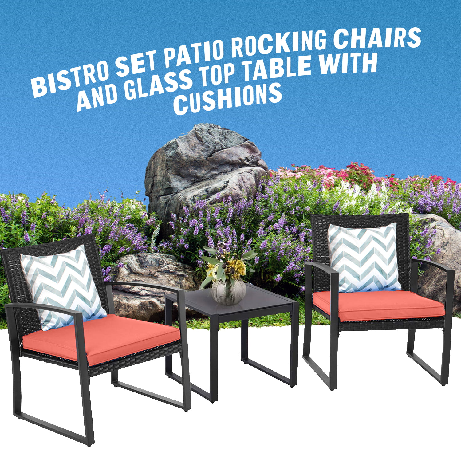 Patio Garden Balcony and Backyard3-Piece Conversation Black Wicker Furniture-Two Chairs with Glass Coffee Table Red
