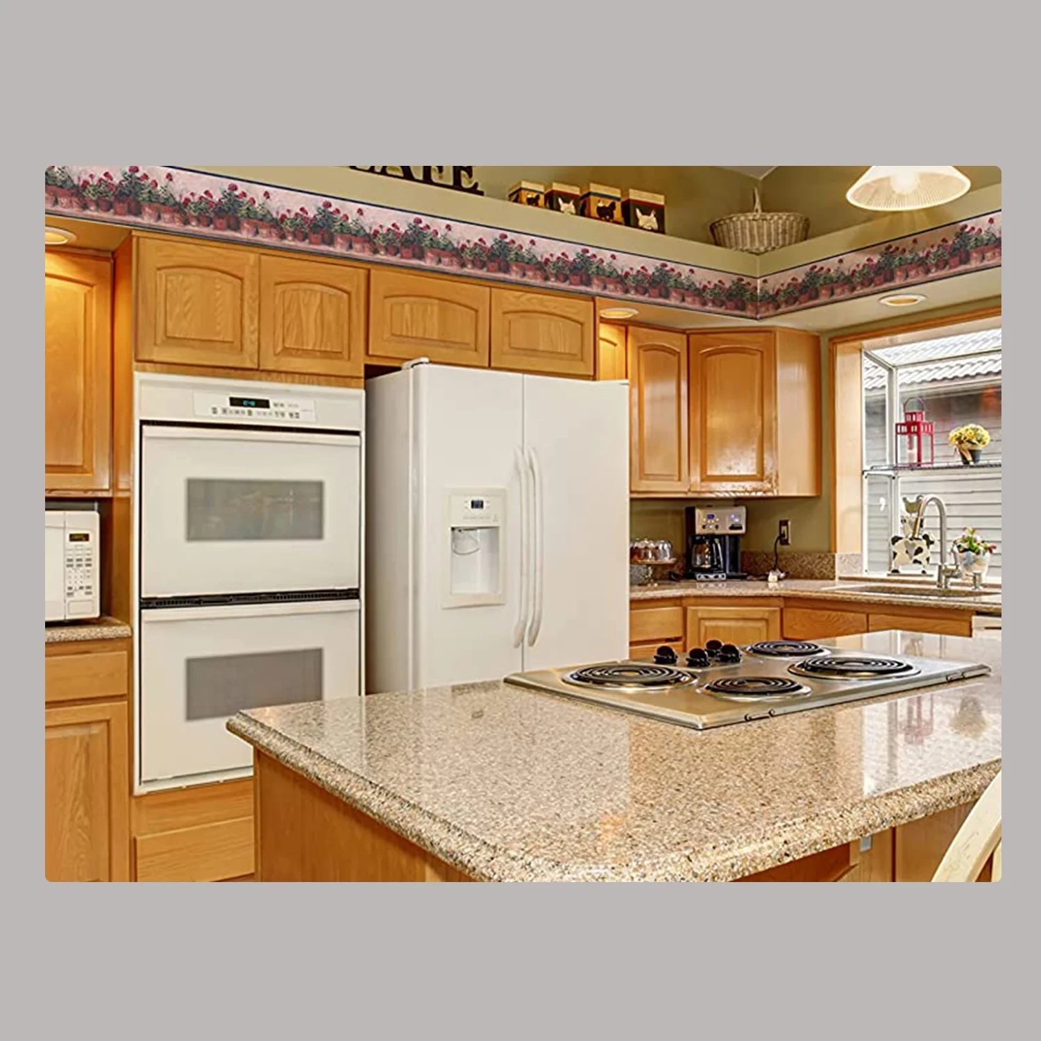 Garden Retro Pattern Ceramic Pots Geranium Flowers on Wooden Shelf for Cottage,Wallpaper Border