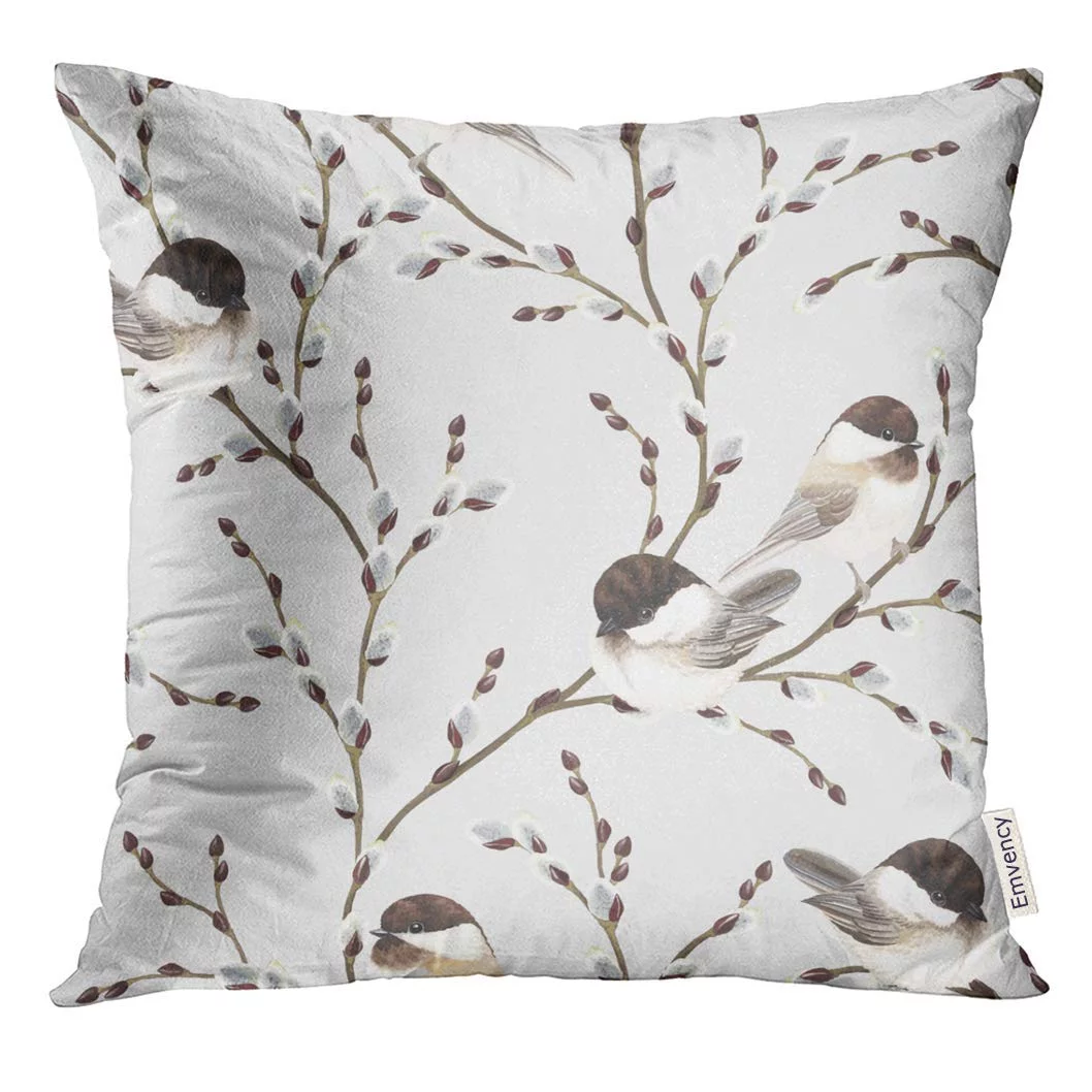 Brown Animal of Willow Branches and Birds Black Capped Chickadee on Gray in Vintage Watercolor Style Pillow Case 16x16 Inches Pillowcase
