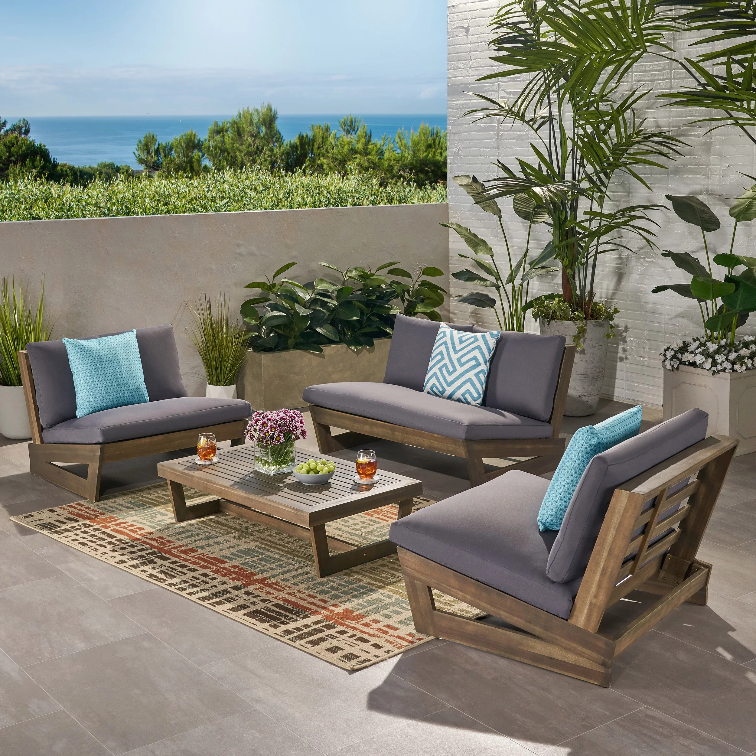 Roy Outdoor 4 Seater Chat Set with Coffee Table, Gray and Dark Gray