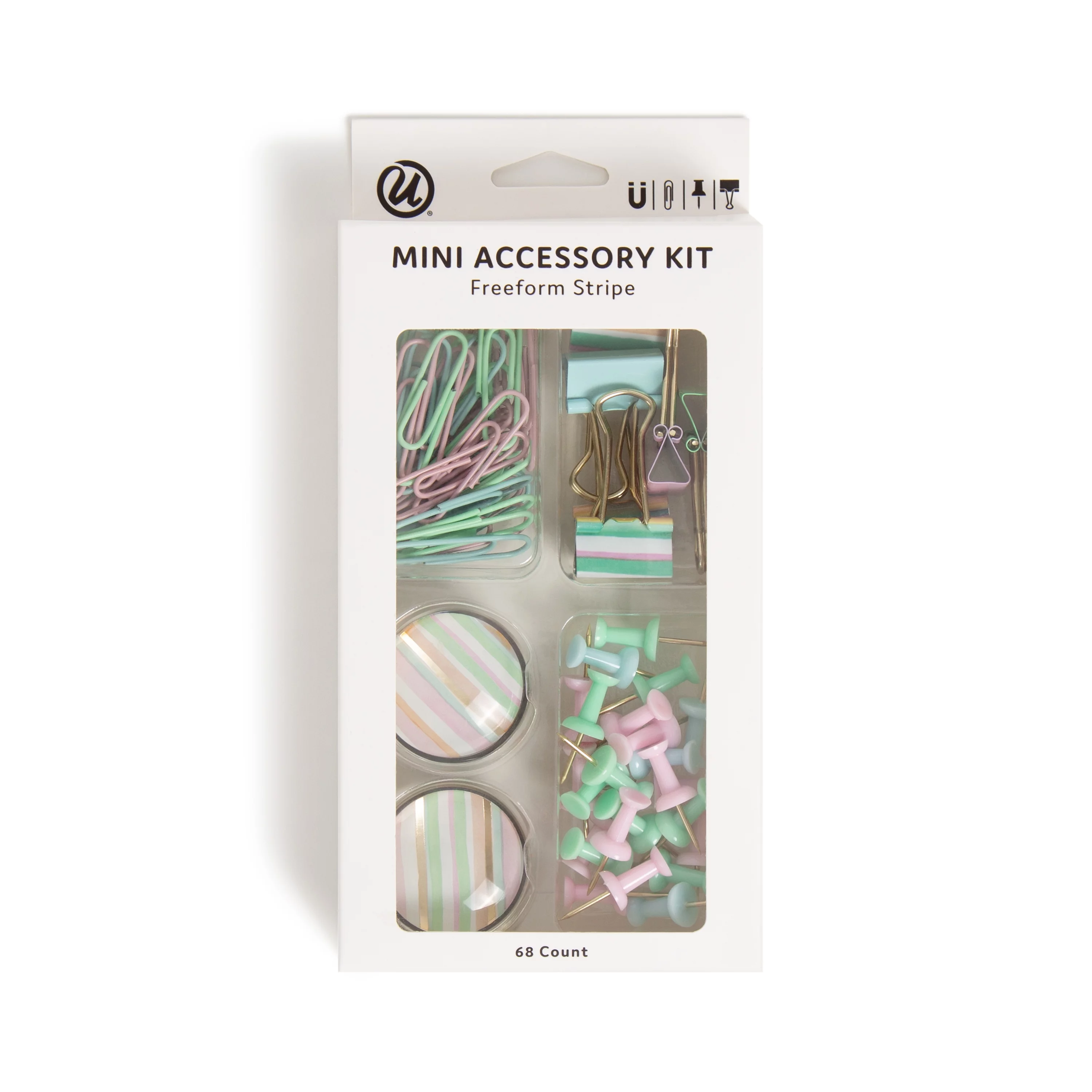 U Brands Freeform Stripe Office Kit, Binder Clips, 68 Pieces, Multi-Color, 5205U