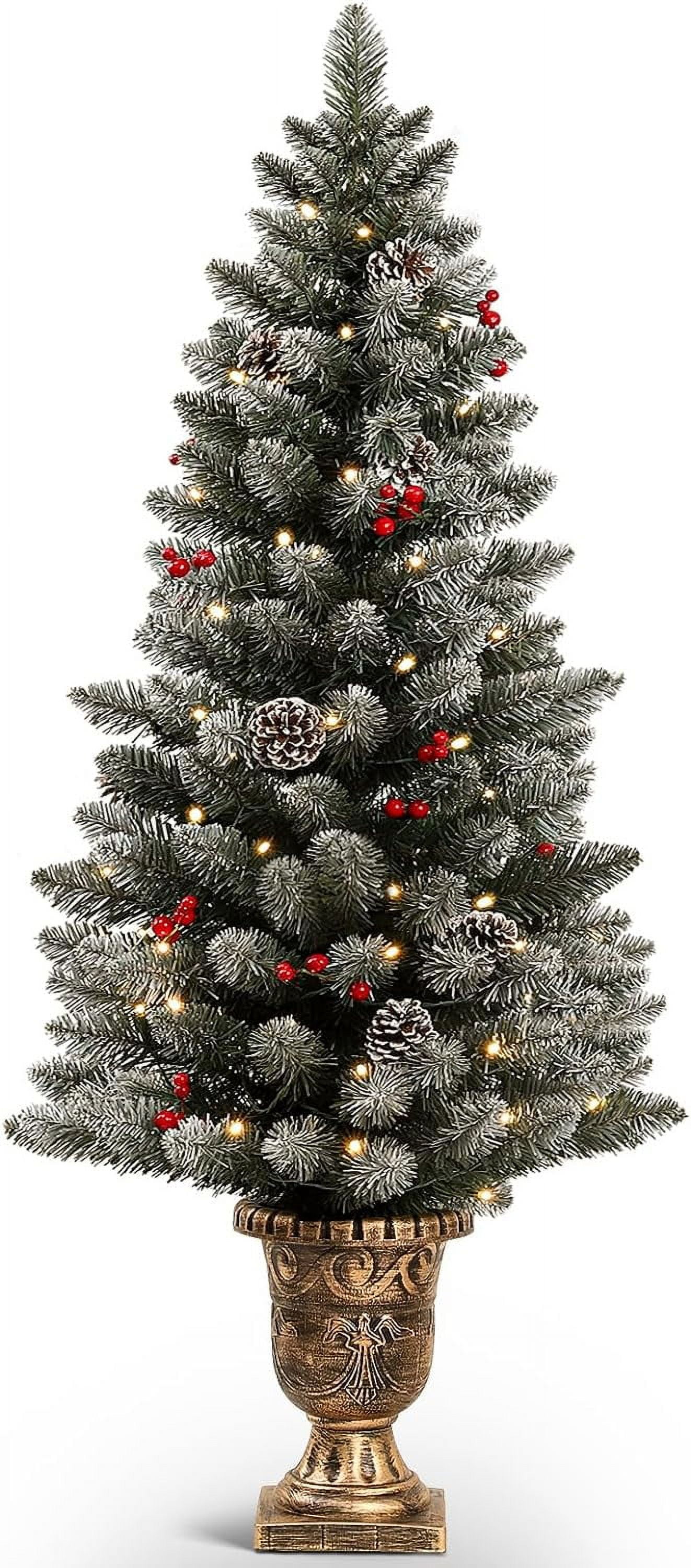 4ft Christmas Tree Pre-Lit Artificial Mini Christmas Tree with Gold Pot Base, Flocked Snow 70 Warm White Led Lights Pine Cones Red Berries, for Entrances, Home Decorations Holiday Decor