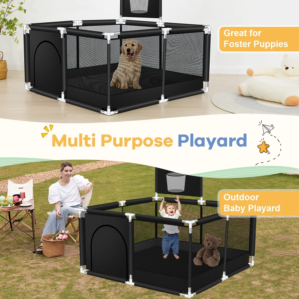 Baby Playpen,HDJ 50 inch Baby Playard with Basketball Hoop and Breathable Mesh,Baby Fence Game Center for Boy and Girls,Black