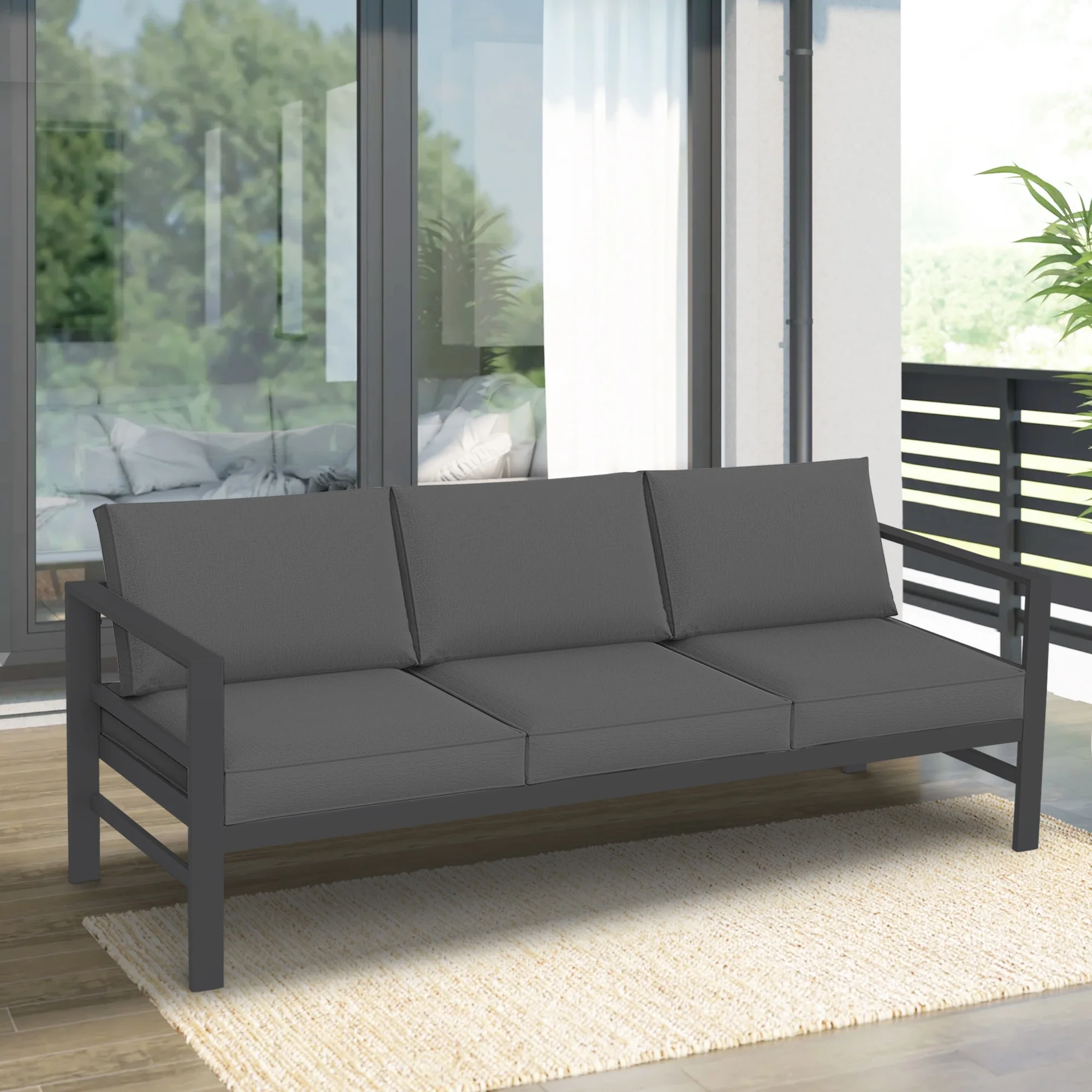 Patio Furniture Aluminum Sofa, All Weather Aluminum Outdoor 3 Seats Sofa Couch, Gray