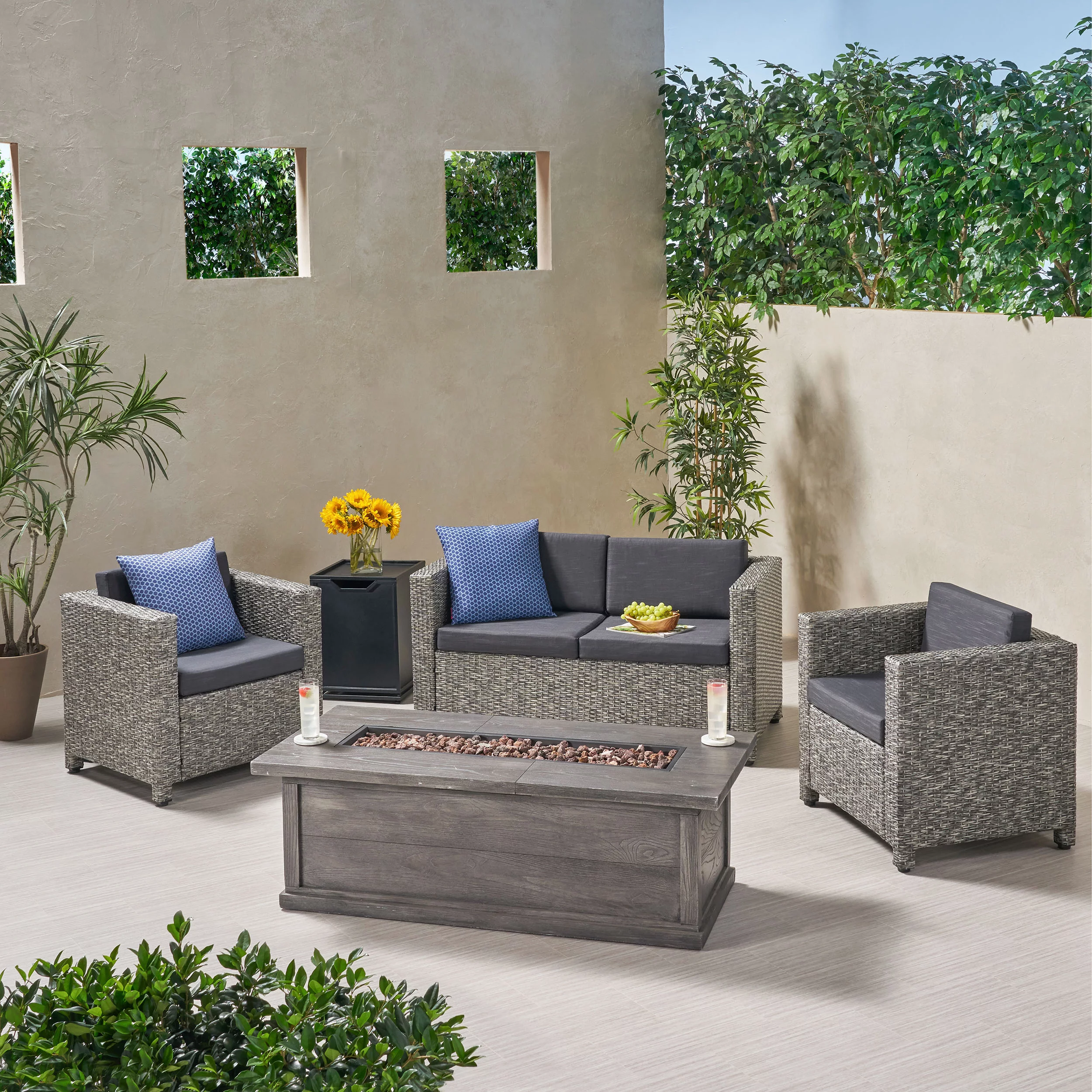 GDF Studio Candance Outdoor 4 Seater Wicker Chat Set, Mix Black and Dark Gray