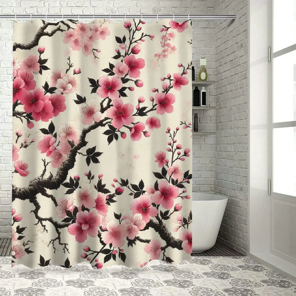 Erxjss  Cherry Blossom Plum Asian Shower Curtain Japanese Weeping Flower Sakura Pink Floral Watercolor Cute Branch Ink Plant  Nature Scenery Waterproof Polyester Fabric Bathroom Bathtub White