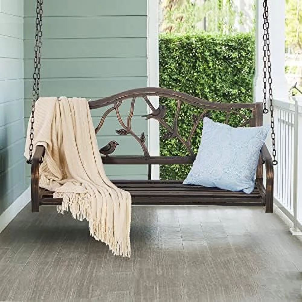 50 Inches Patio Front Porch Swing,Outdoor Iron Metal Swing Chair With Chains,Pastoral Backrest,Steel Hanging Bench Chair For Garden,Yard,Deck-Bronze