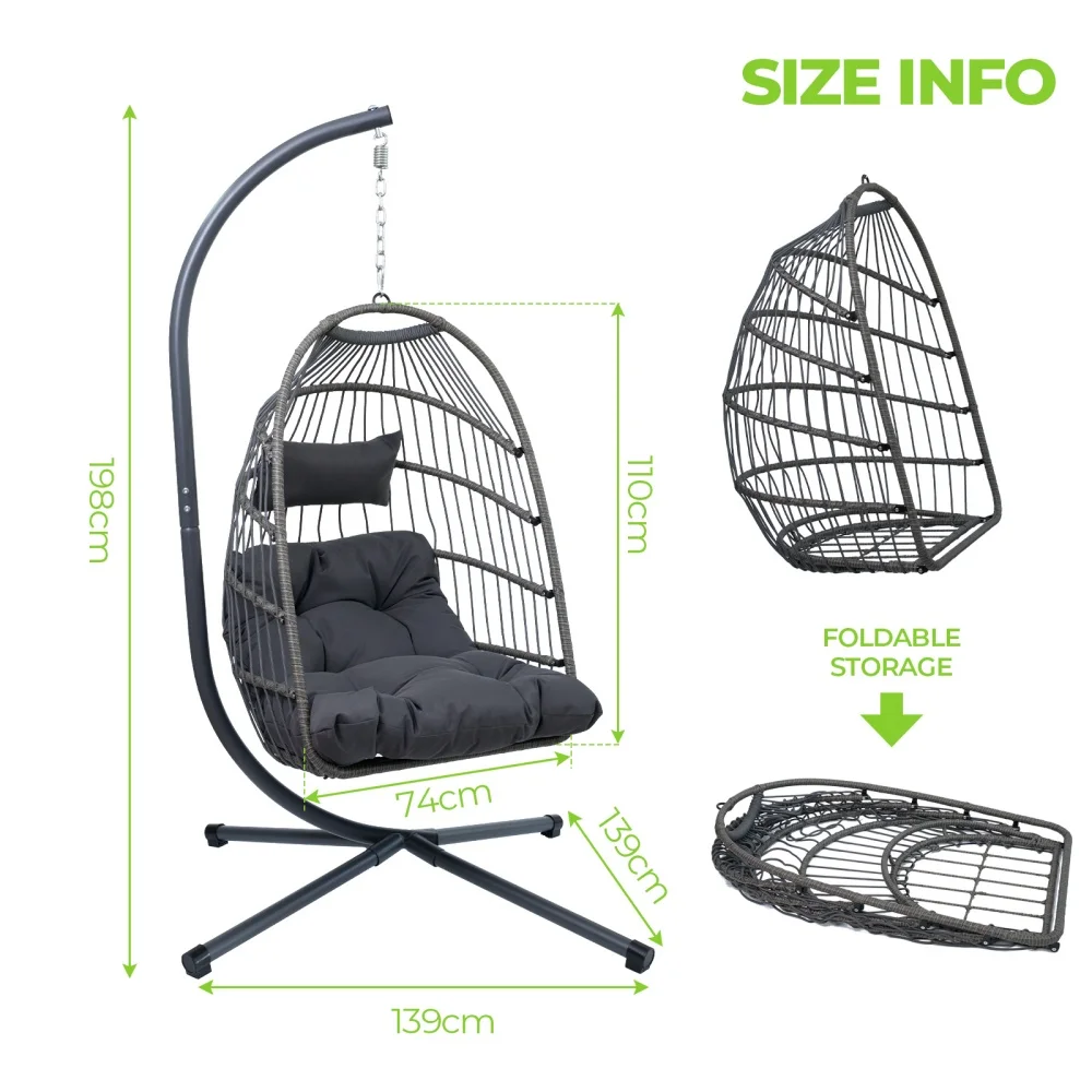 MIDODO Hanging Egg Chair with Stand, Foldable Indoor Outdoor Wicker Rattan Hanging Swing Chair Egg Basket Chairs for Outside Backyard Balcony