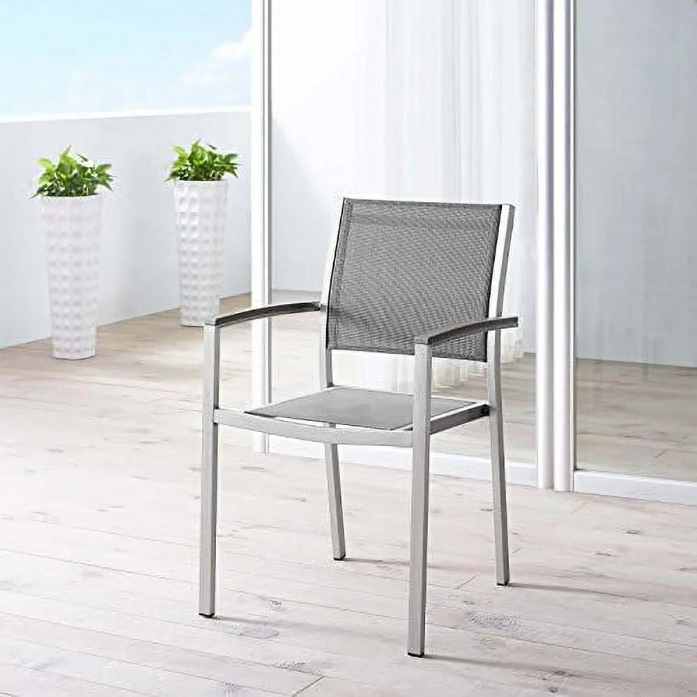 TJUNBOLIFE Shore Aluminum Outdoor Patio Dining Arm Chair in Silver Black