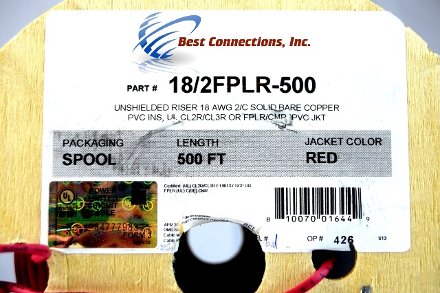 Fire Alarm / Security Cable, Red, 18/2 (18 AWG 2 Conductor), Solid, FPLR, Spool, 500 foot