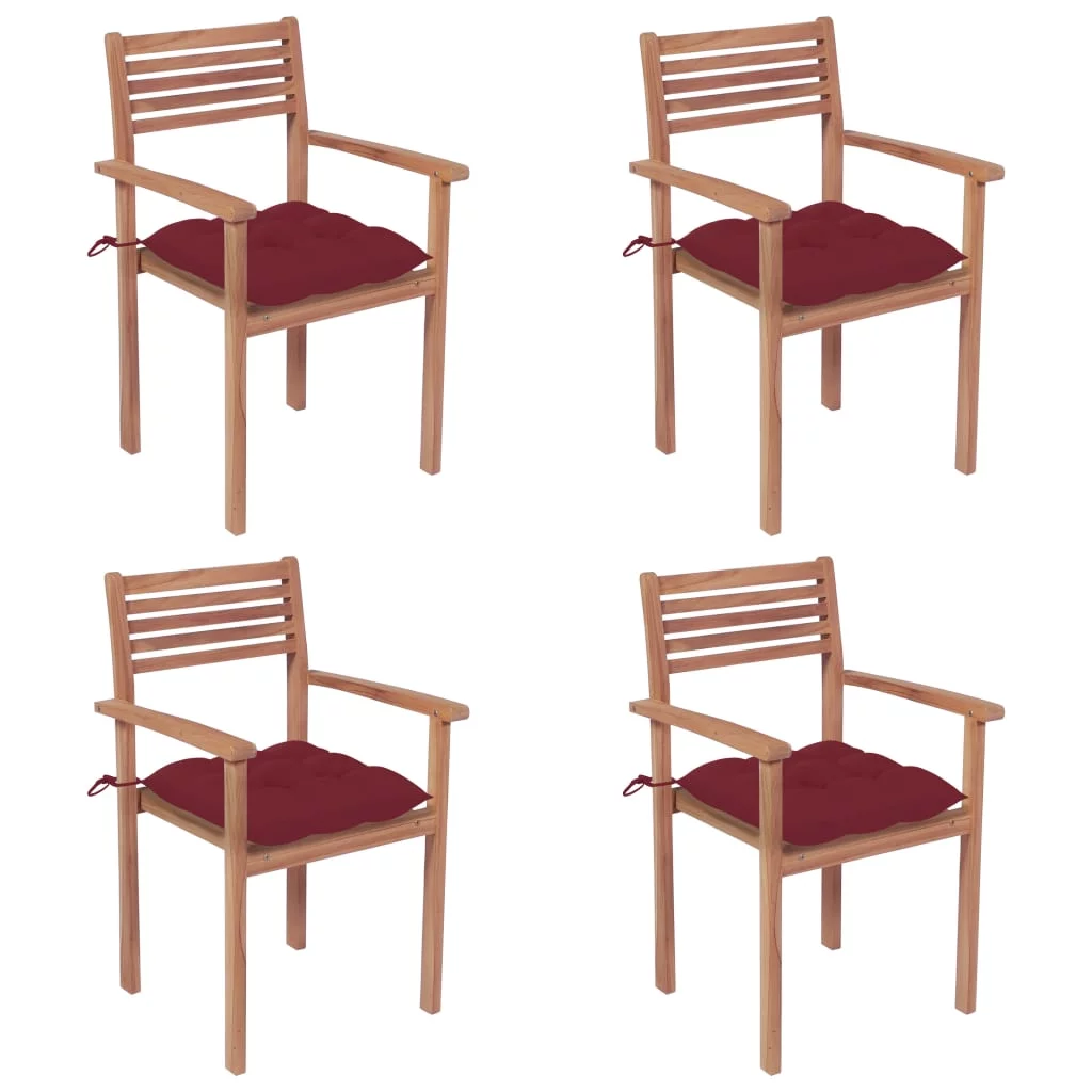 Anself Patio Chairs 4 pcs with Red Cushions Solid Teak Wood