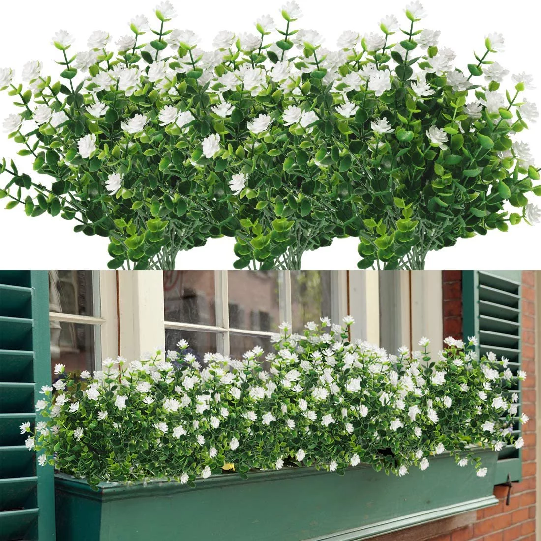 GRNSHTS 6 Bundles Outdoor Artificial Flowers UV Resistant Fake Boxwood Plants, Faux Plastic Greenery for Indoor Outside Garden Porch Window Box Home Wedding Decor(White)