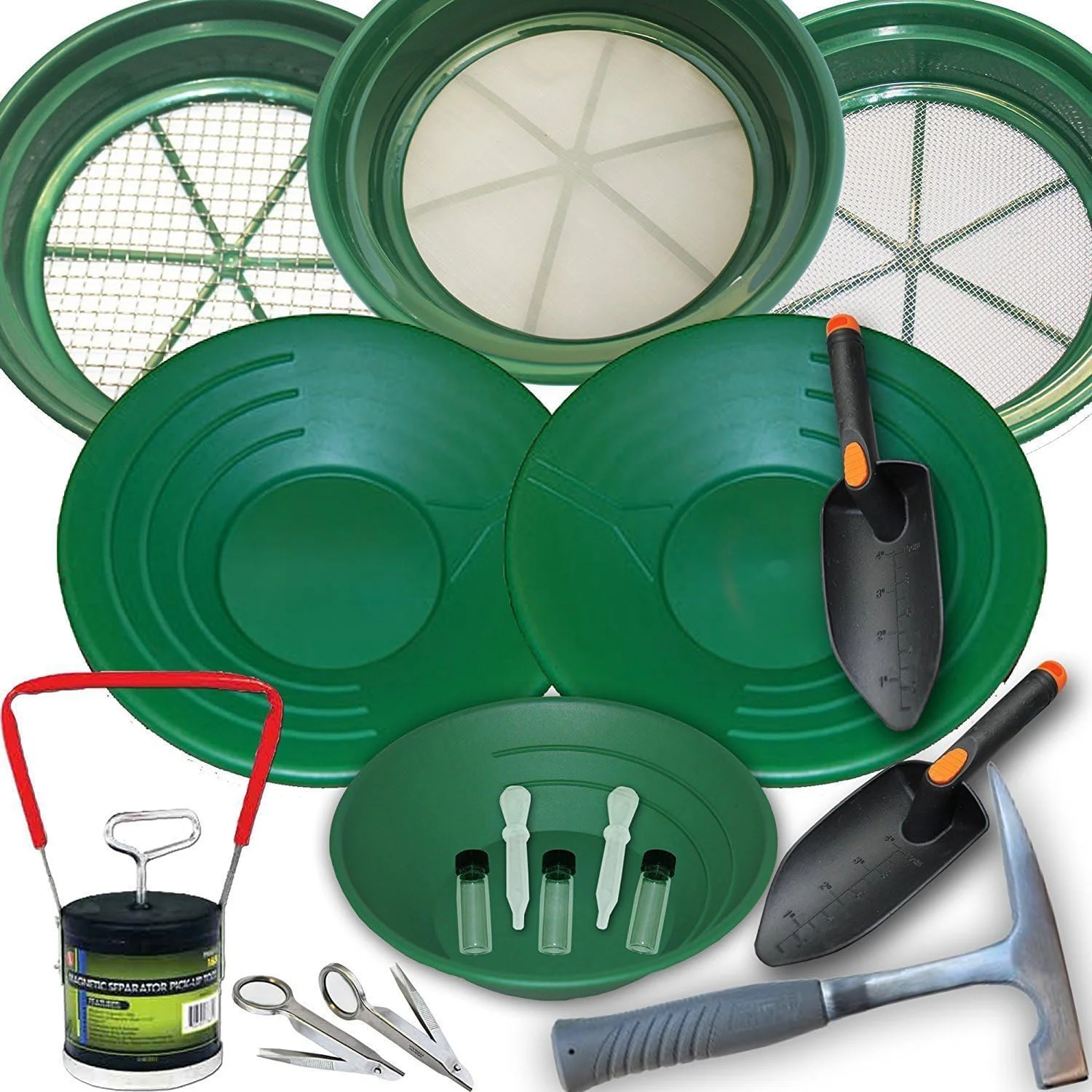 19pc Ultimate Gold Panning Kit with Classifier Screens, Gold Pans, Rock Pick