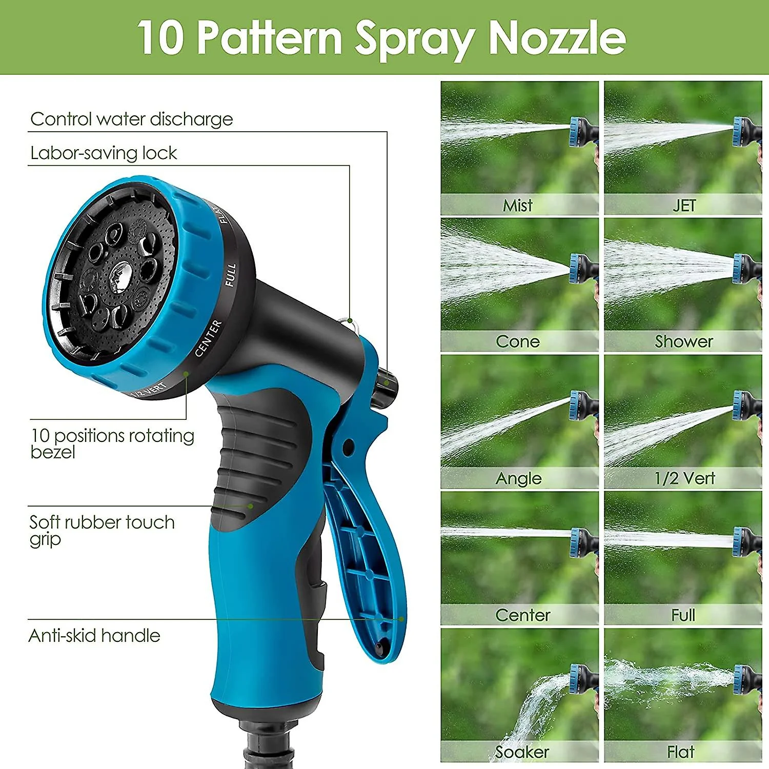 15m/50ft Expandable Garden Hose,3 Layers Of Natural Latex,with Shut Off Valve 10 Functions Spray Nozzle