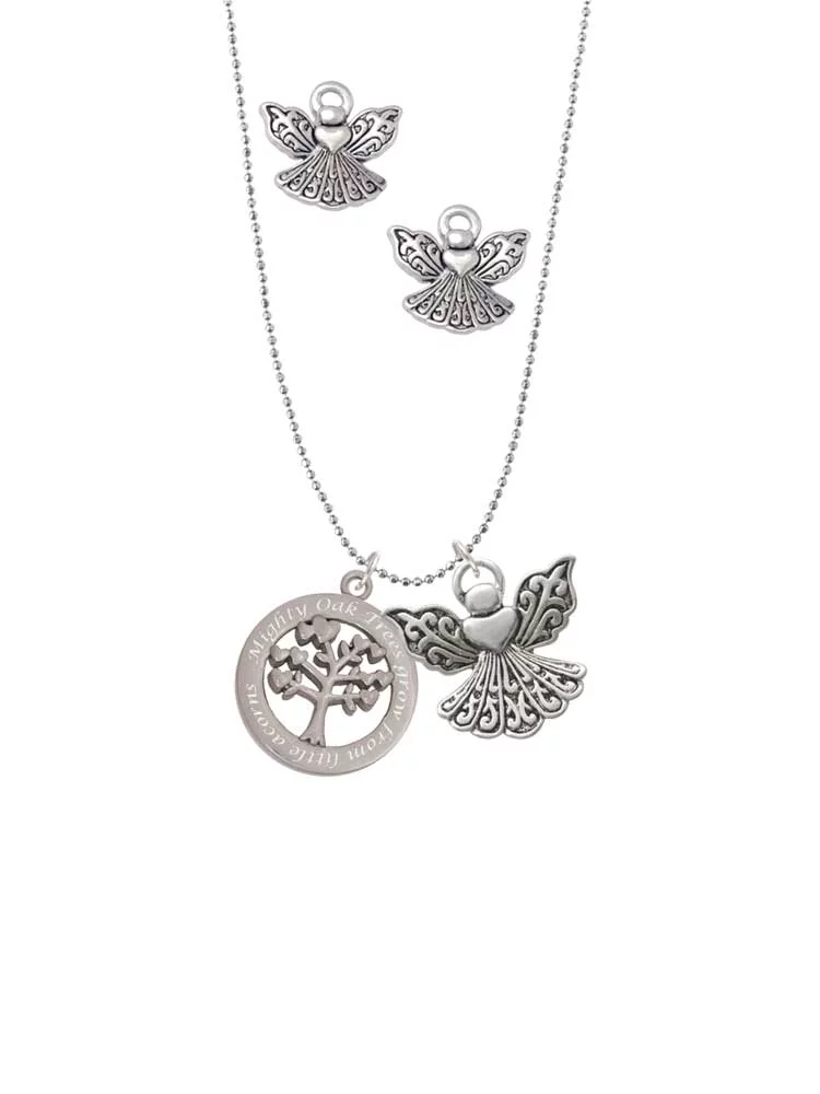 Delight Jewelry Stainless Steel Mighty Oak Tree of Life - Silver tone Guardian Angel Charm Necklace and Stud Earrings