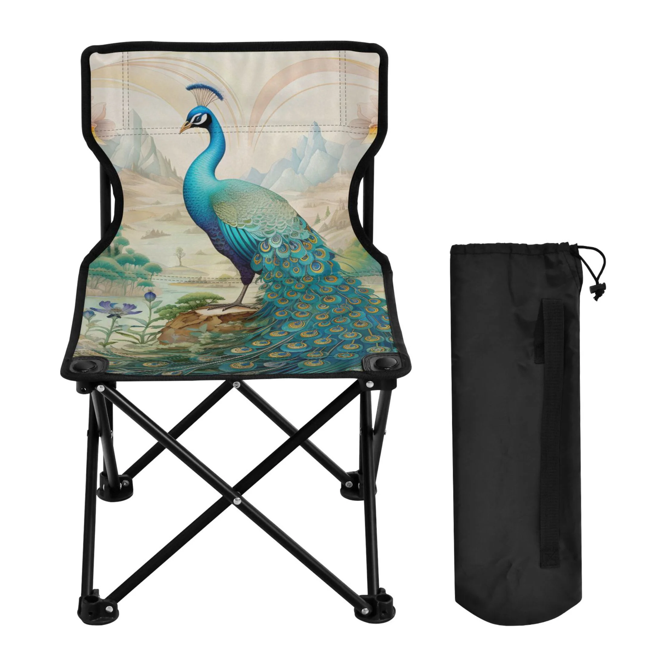 Beautiful Peacock Portable Camping Chair Outdoor Folding Beach Chair Fishing Chair Lawn Chair with Carry Bag Support to 220LBS