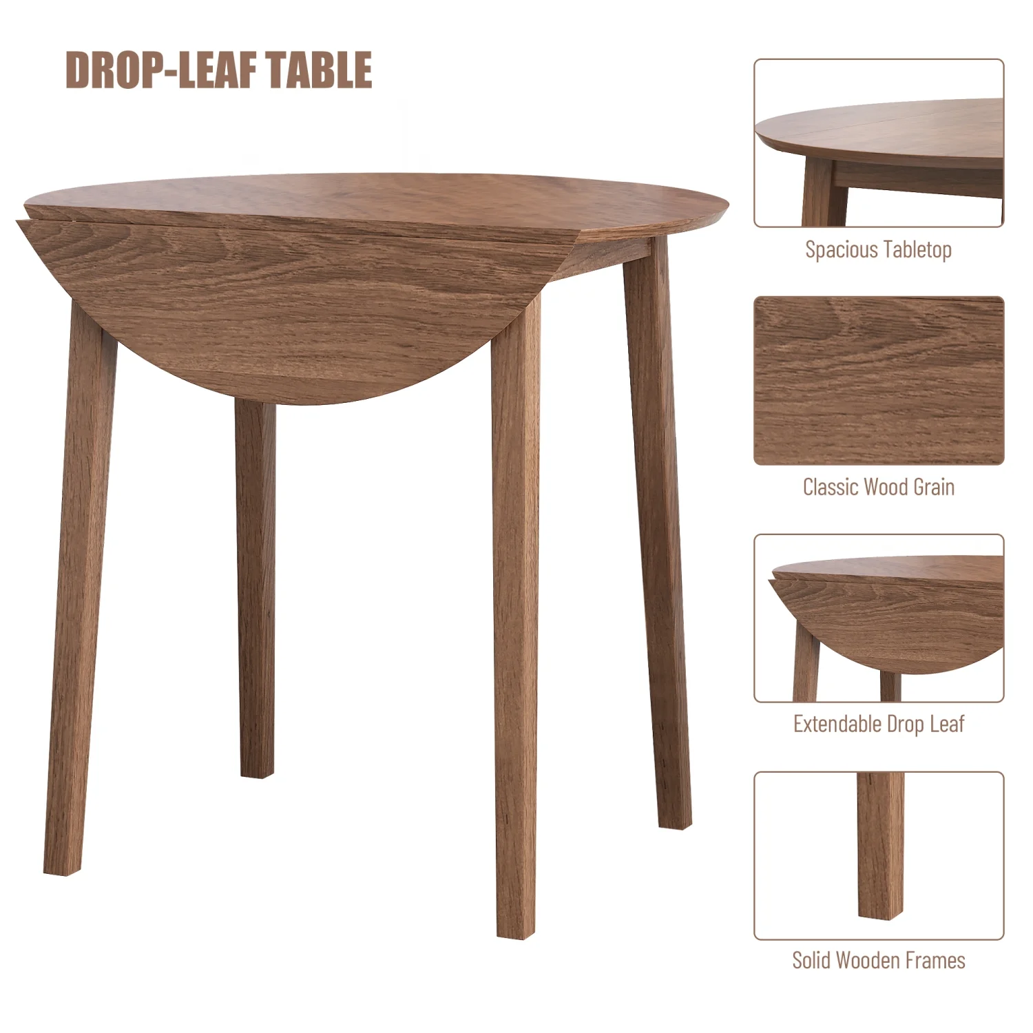 Retro Vintage Style 3PCS Round Drop-Leaf Counter Height Dining Table Set with 2 Stylish Upholstered Chairs  Rubber wood Pub Set Ideal for Small Space Kitchen  Walnut Color Kitchen Table w