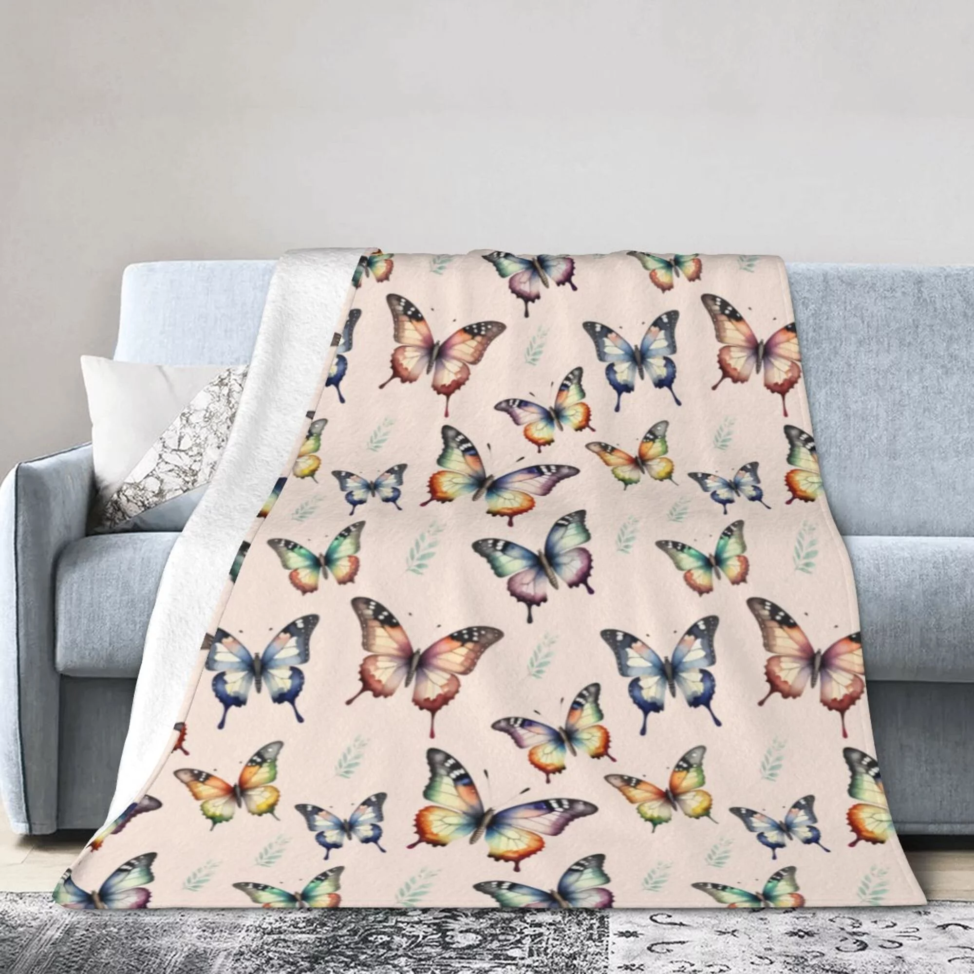 DouZhe Ultra-Soft Micro Fleece Lightweight Flannel Bed Blanket, Pink Watercolor Butterflies Print Cozy Warm Throw Blankets, 50