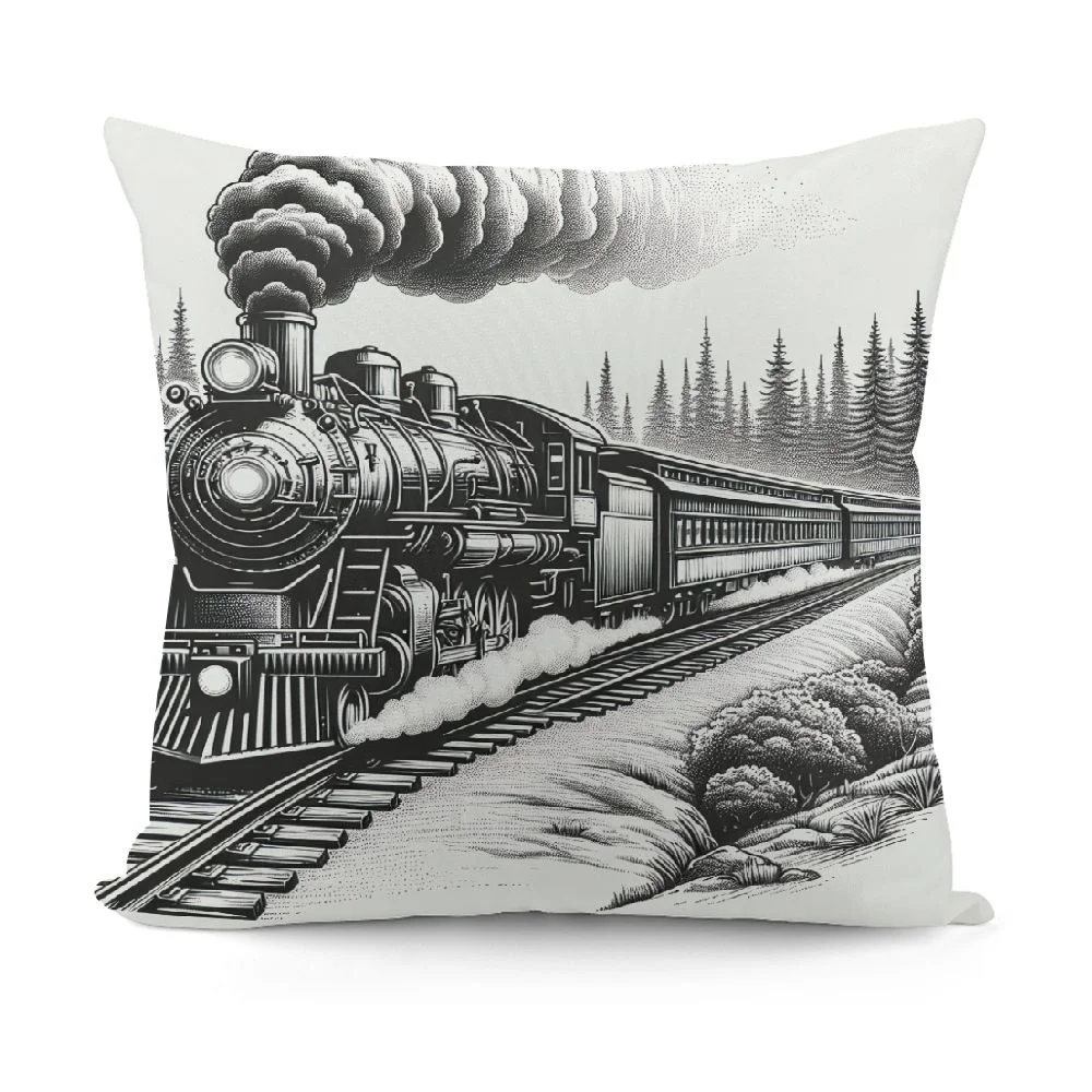 Ulloord Vintage Train with Smoke Coming，Printed Throw Pillow Cushion Covers Used for Sofa, Bed, Farmhouse, Chair, Dining, Patio, Outdoor, Black and White