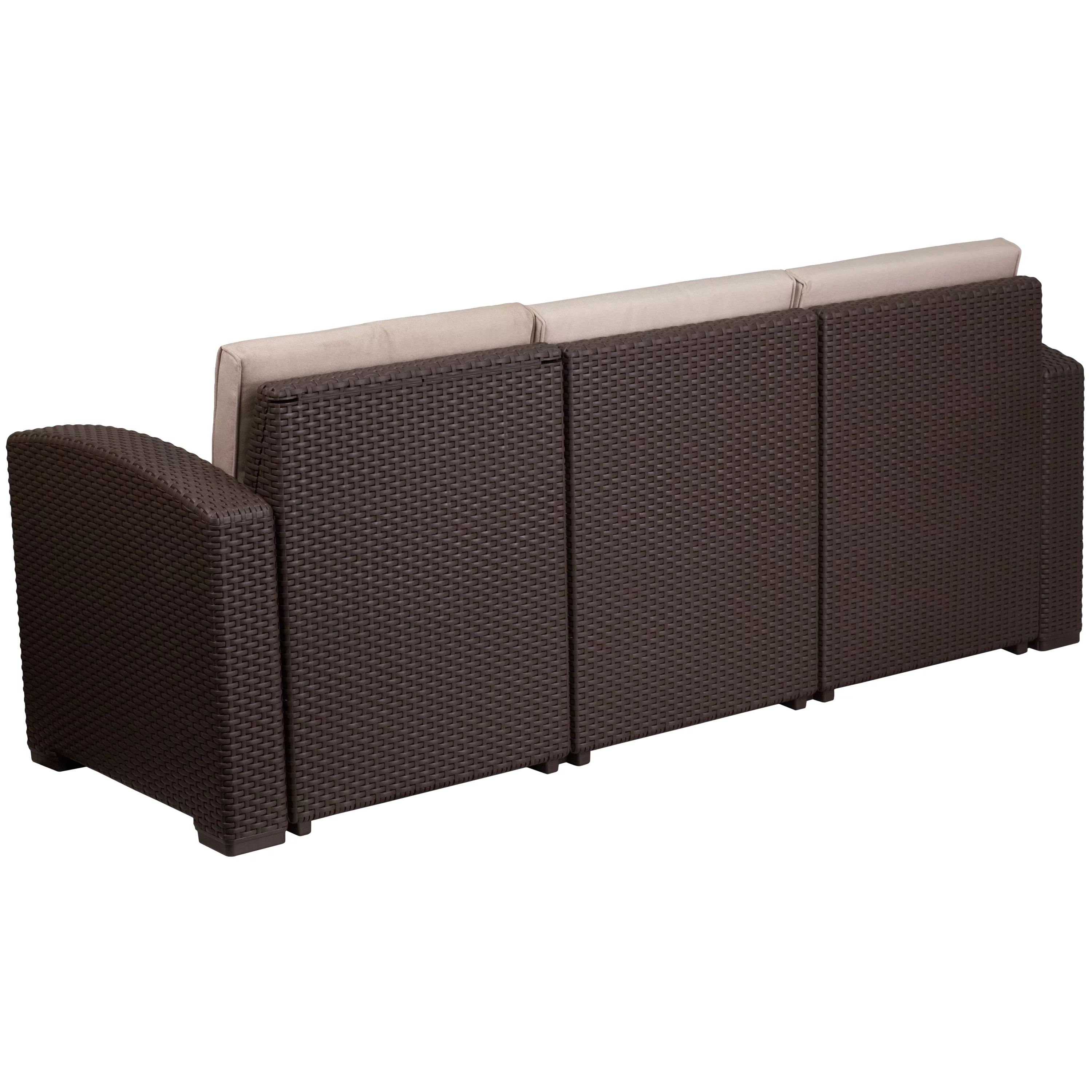 BizChair Chocolate Brown Faux Rattan Sofa with All-Weather Beige Cushions
