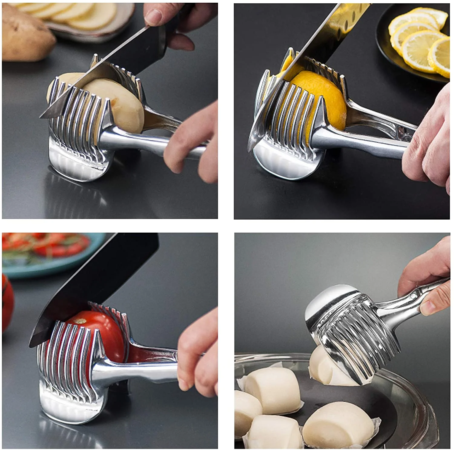 Tomato Slicer Lemon Cutter Holder Aluminum Alloy Easy Slicing Round Fruits Kiwi Lime Vegetables Onion Potato Cutter Guide Tongs with Handle Kitchen Cutting Aid Holder Tool