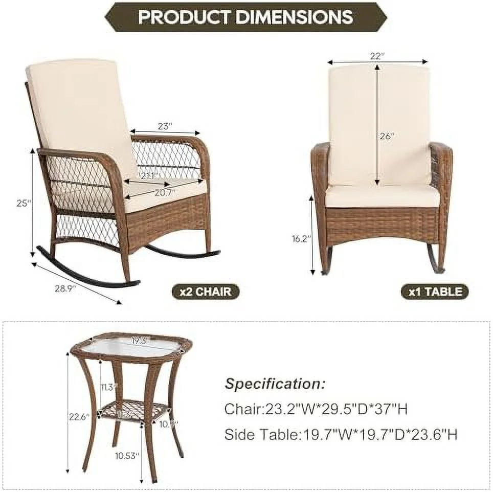 TQSBRZJ 3 Pieces Outdoor Wicker Rocking Chair Set  Wicker Bistro Sets with Cushion and Tempered Glass   PE Rattan Patio Rocker Chairs Set for Balcony  Lawn and Porch Poolside Grey