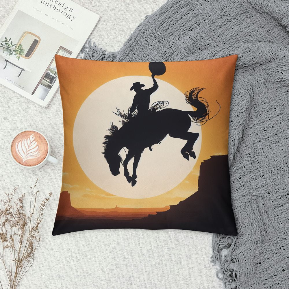 JRXY Cowboy Riding Wild Horse Throw Pillow Covers,Desert Sunset West Cactus Square Pillow Cases Decorative Cushion Cover for Sofa Bedroom Living Room White