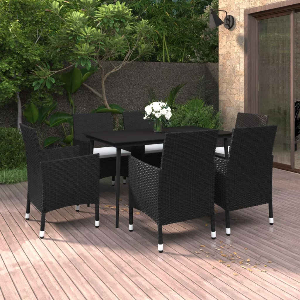 7 Piece Patio Dining Set with 6 Stackable Poly Rattan Chairs and Large Table for Yard, Garden, Porch and Poolside,Black