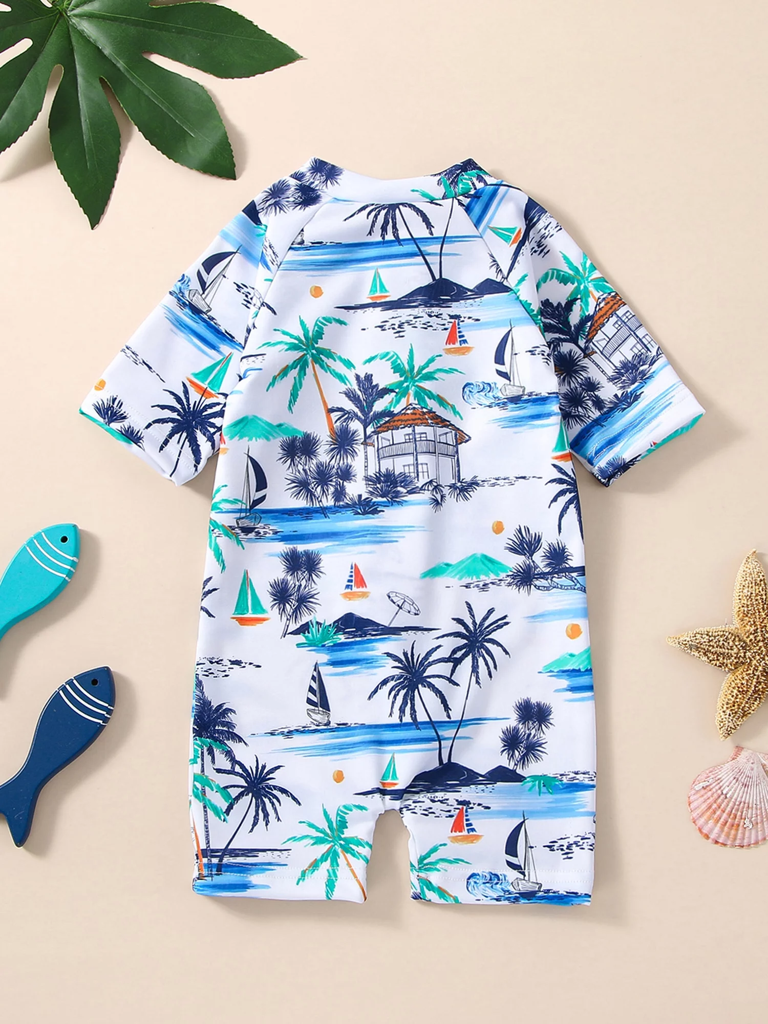 HOANSELAY Boy Romper Swimsuit, Long Sleeve Stand Neck Zipper Coconut Tree Beach Print Beach Swimwear Jumpsuit