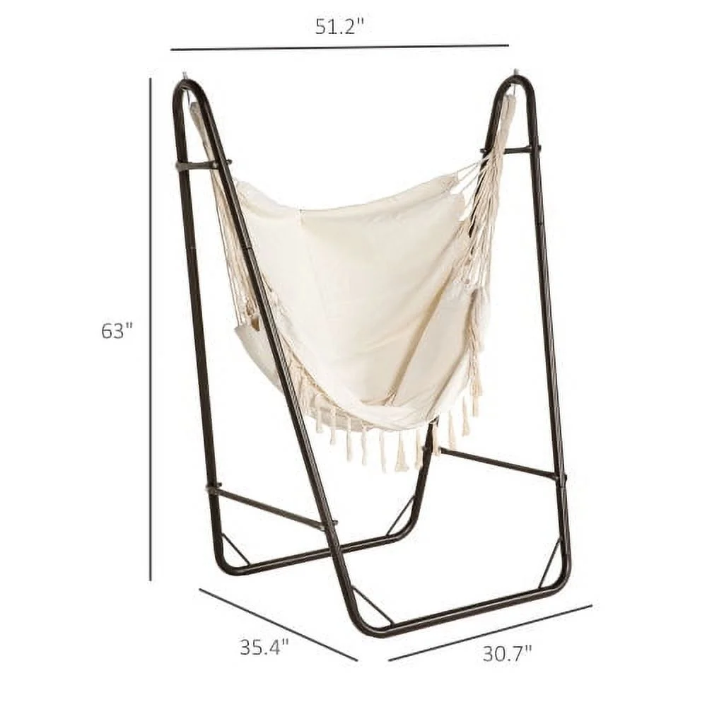 Goldmeet Outsunny Patio Hammock Chair with U Shape Stand, Outdoor Hammock Swing Hanging Lounge Chair with Side Pocket, Brown/Cream White