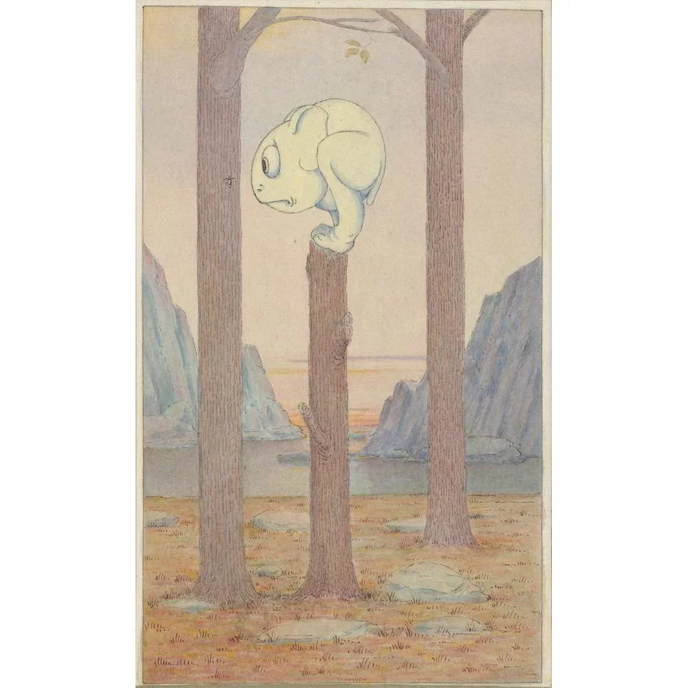 Herbert Crowley 11x14 Black Modern Framed Museum Art Print Titled - The ‘Wiggle Much’ Creature on a Tree Stump Looking at a Bug (circa 1910)