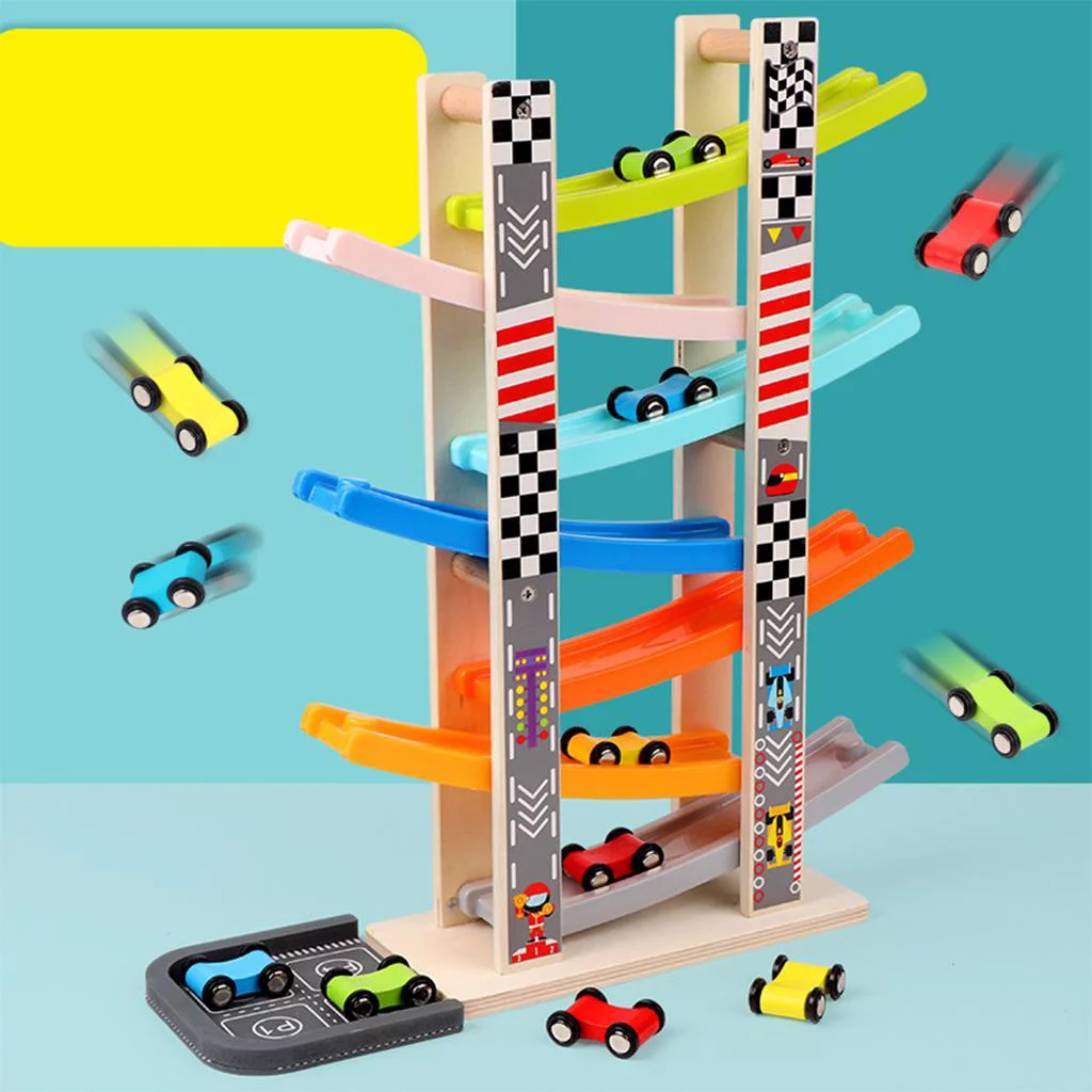 Kokiya Toys Race Track w/ Mini Cars Glider Toy Pull Back Ramp Toy Playsets Gifts for Boys Girls