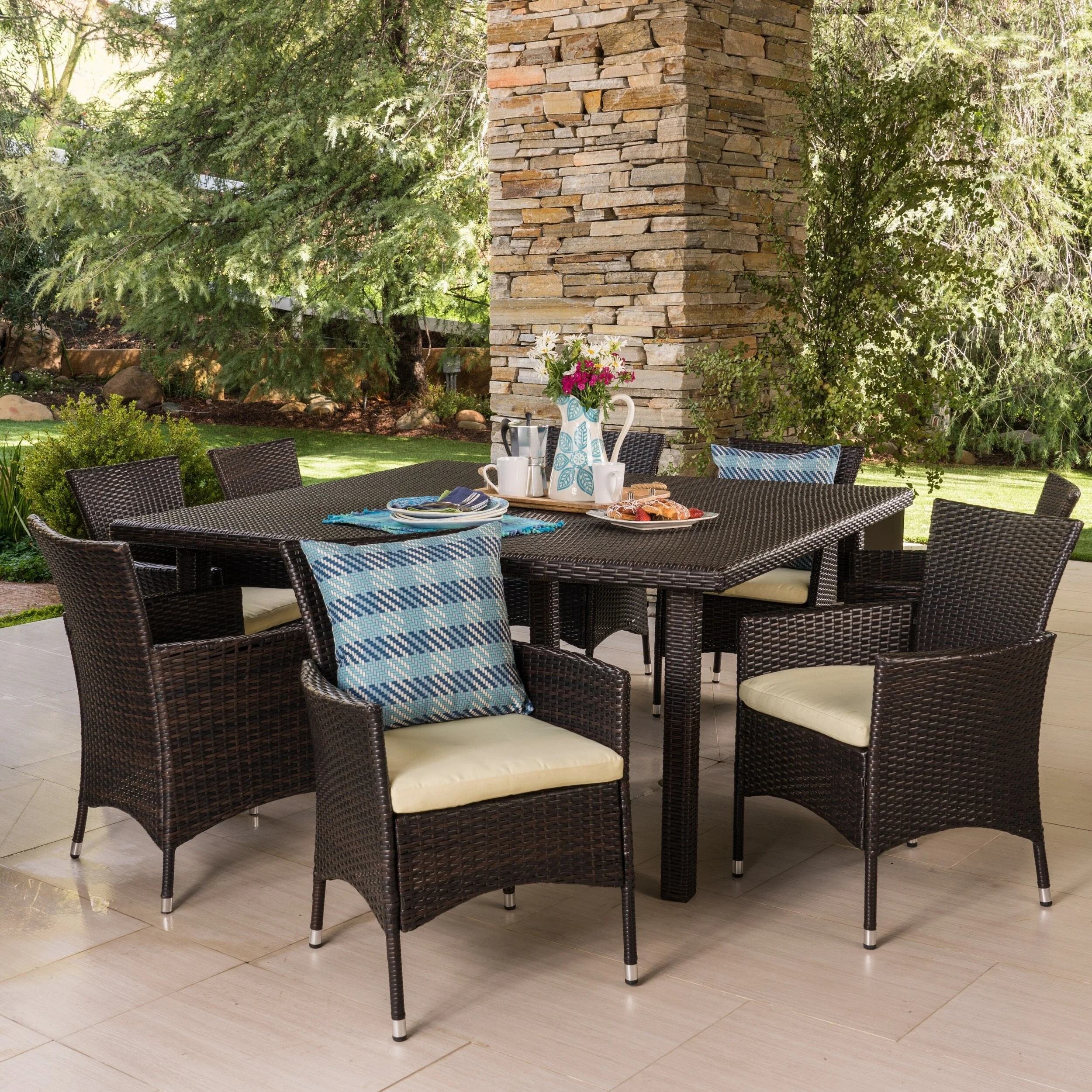 Christopher Knight Home Aristo Outdoor 9-piece Square Wicker Dining Set with Cushions by  Brown