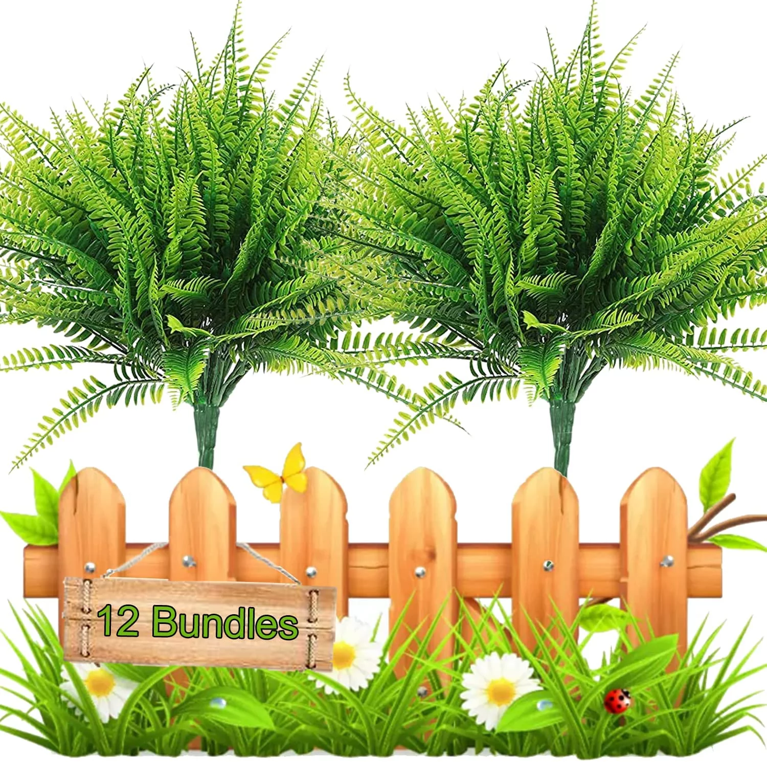12 Bundles Artificial Plants for Outdoor Decoration , Fake Boston Fern Greenery UV Resistant No Fade Faux Plastic Plants Home Garden Porch Window Box Decor