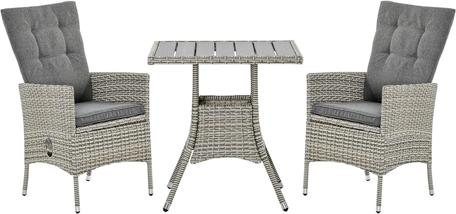 3 Piece Patio Bistro Set, Outdoor PE Wicker Furniture Conversation Set with Tufted Cushion Reclining Chairs & Coffee Table for Backyard, Lawn, Porch, Poolside, Balcony, Gray