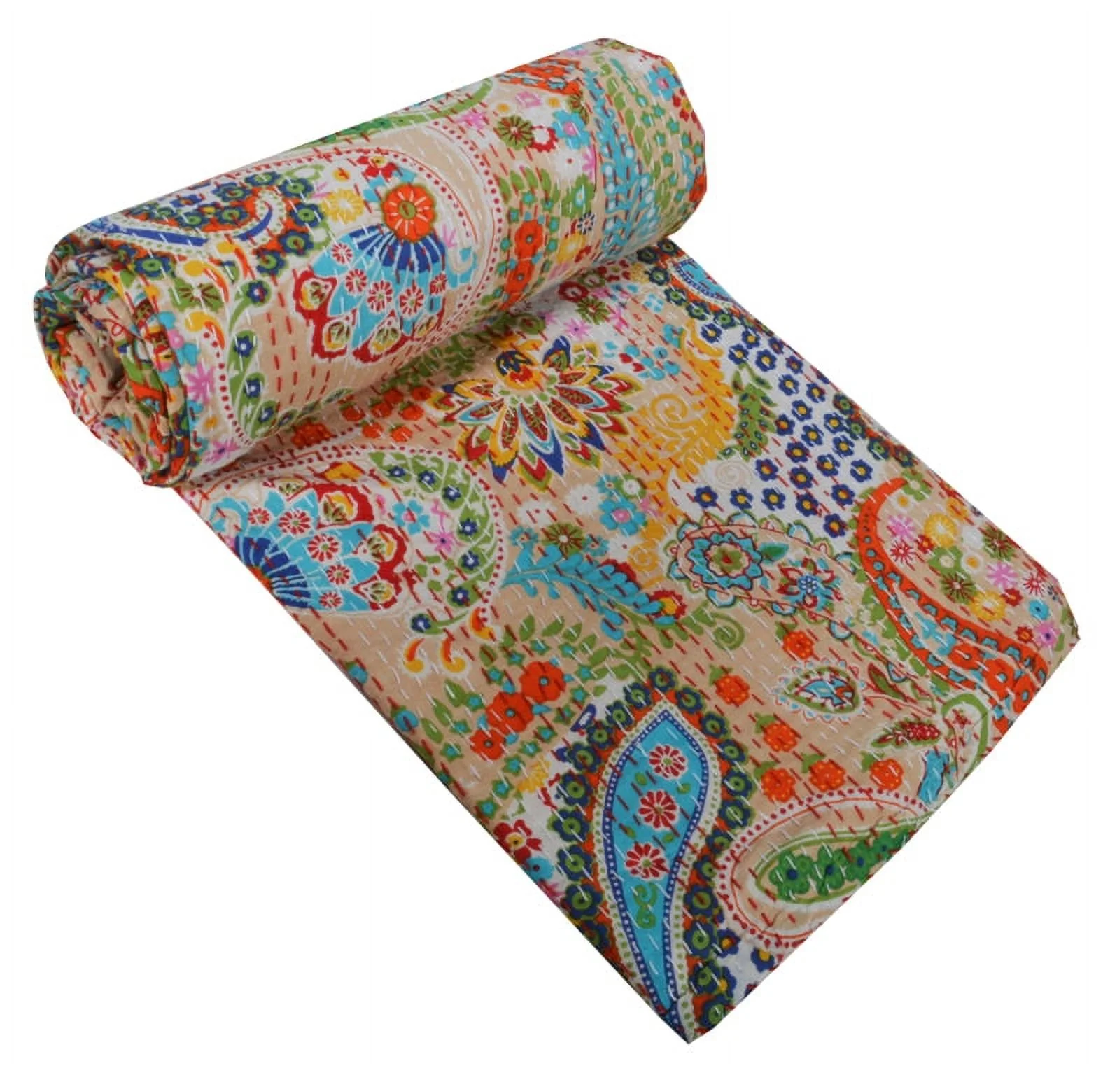 Reversible Bohemian Blanket Beige Paisley Hand Quilted Coverlet Indian Handmade Beige Cotton Kantha Quilts Bedspread Bedding Hippie Throw Ralli