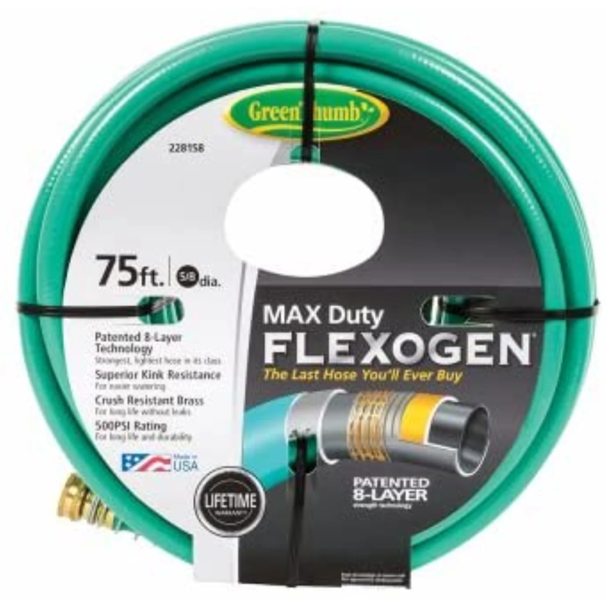 Green Thumb, Max Duty Flexogen Garden Hose, Green, 5/8 x 75'