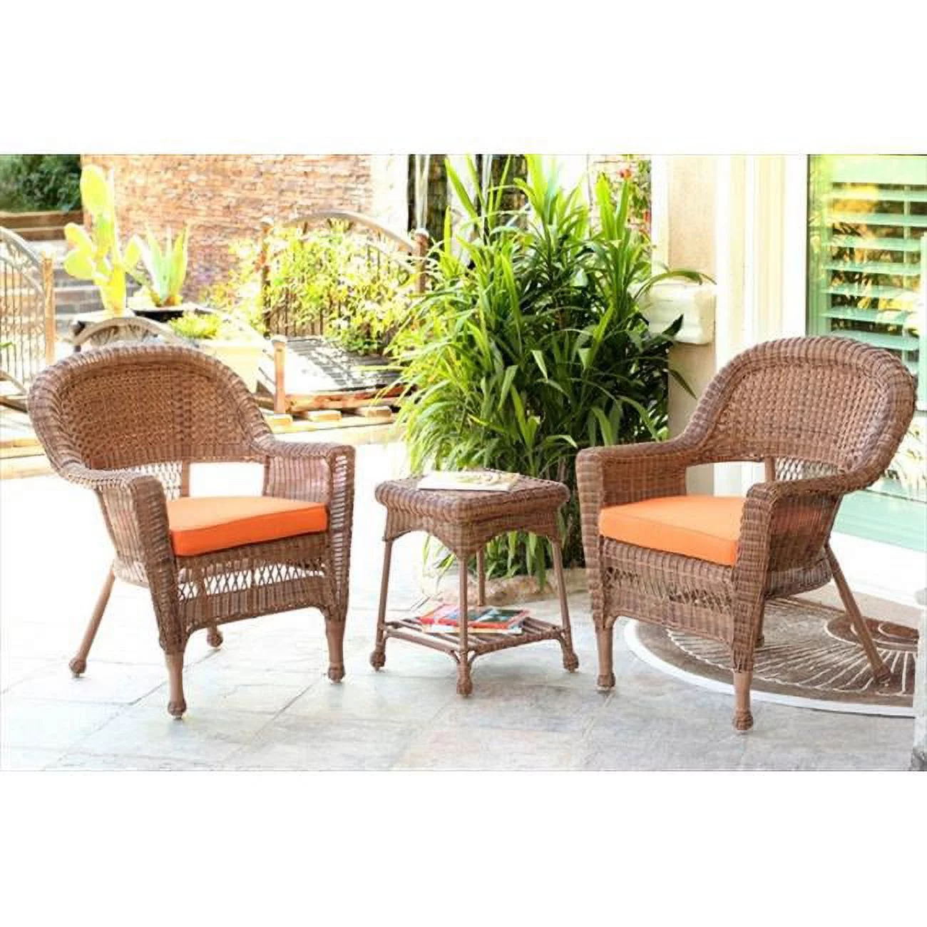 3 Piece Honey Wicker Chair And End Table Set With Orange Chair Cushion
