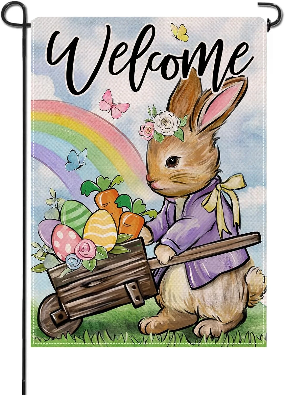 Welcome Easter Bunny Small Decorative Garden Flag,Cute Rabbit Rainbow Eggs Carrot Cart Yard Lawn Outside Decor,Butterfly Burlap Outdoor Home Decoration Double Sided 28x40 Inch