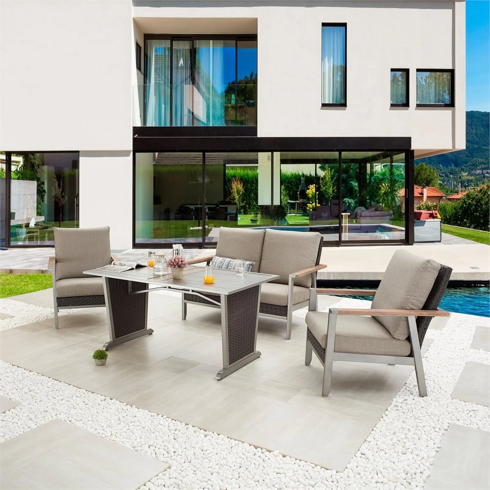 Patio Festival Thermal Transfer Metal 4-Piece Outdoor Dining Set in Gray & Beige