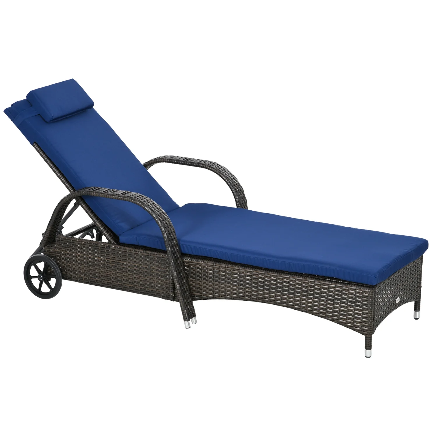 ZWNLKQG Wicker Outdoor Chaise Lounge  5-Level Adjustable Backrest PE Rattan Pool Lounge Chair with Wheels  Cushion & Headrest  Brown and Dark Blue