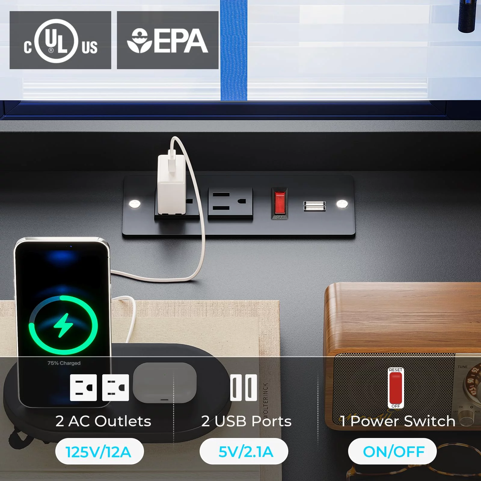 Black Nightstand with 3 Drawers for Bedroom, LED Nightstand Bedside Table with Charging Station&LED Lights&Pull-Out Tray&Metal Legs for Living Room