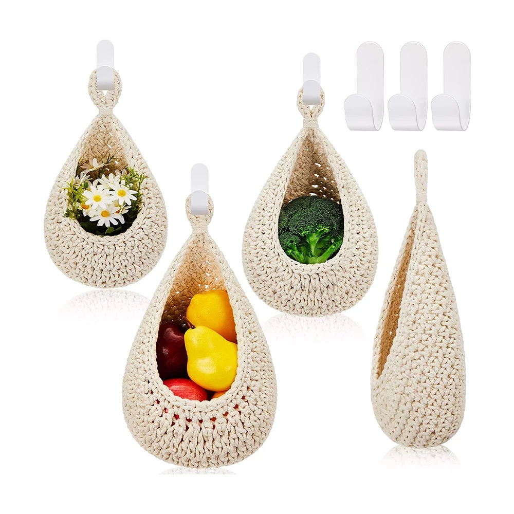 3PCS, Hanging Wall Vegetable Fruit Baskets Jute Hanging Basket Wall planters Teardrop Hanging Basket,Kitchen Hanging Storage Farm House Basket