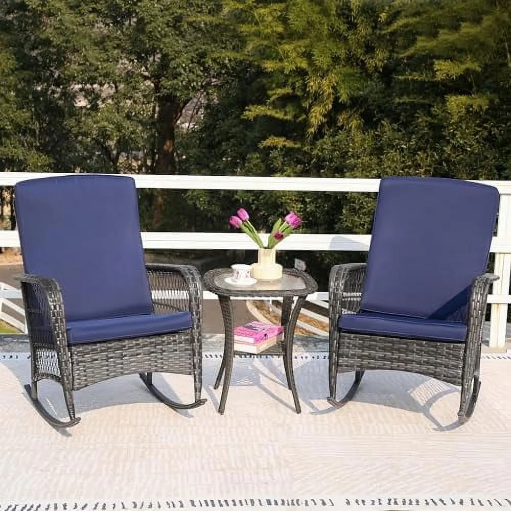 JYHOME 3 Pieces Outdoor Wicker Rocking Chair Set  Wicker Bistro Sets with Cushion and Tempered Glass   PE Rattan Patio Rocker Chairs Set for Balcony  Lawn and Porch Poolside Grey