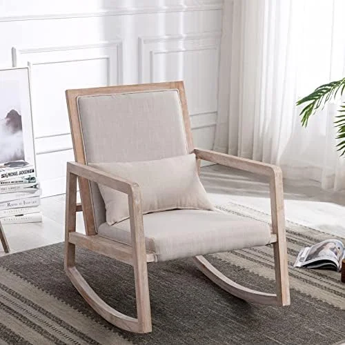 LNSETGC Rocking Chair Mid Century Modern Nursery Rocker Glider Chair Upholstered Armchair with Wood Base for Living Room Bedroom  Beige (with Pillow)