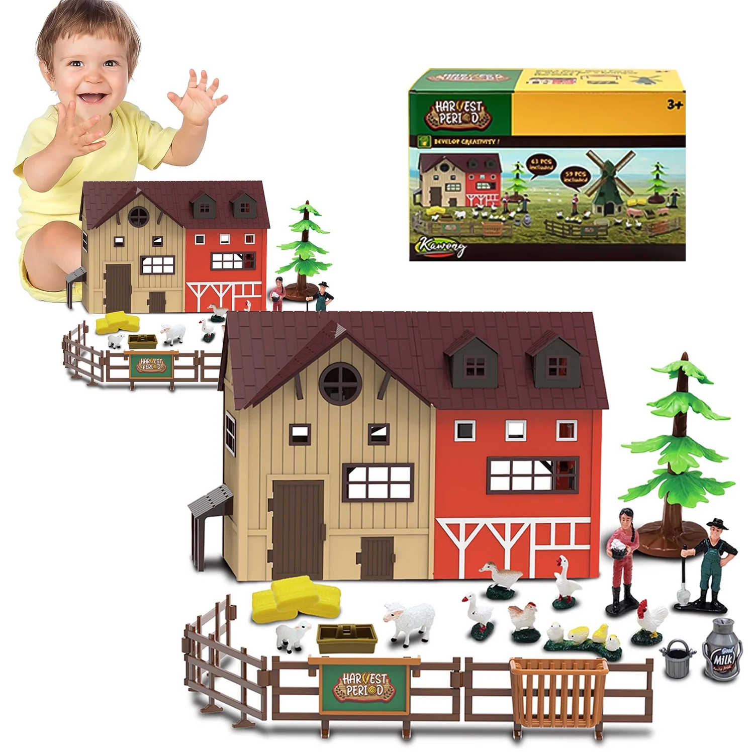 Style-Carry Farm Animals Barn House Toys, 63Pcs Farm Animals Fence Farm Playset, Pretend Play Set Easter Birthday Gifts for Boys Girls 3-8 years