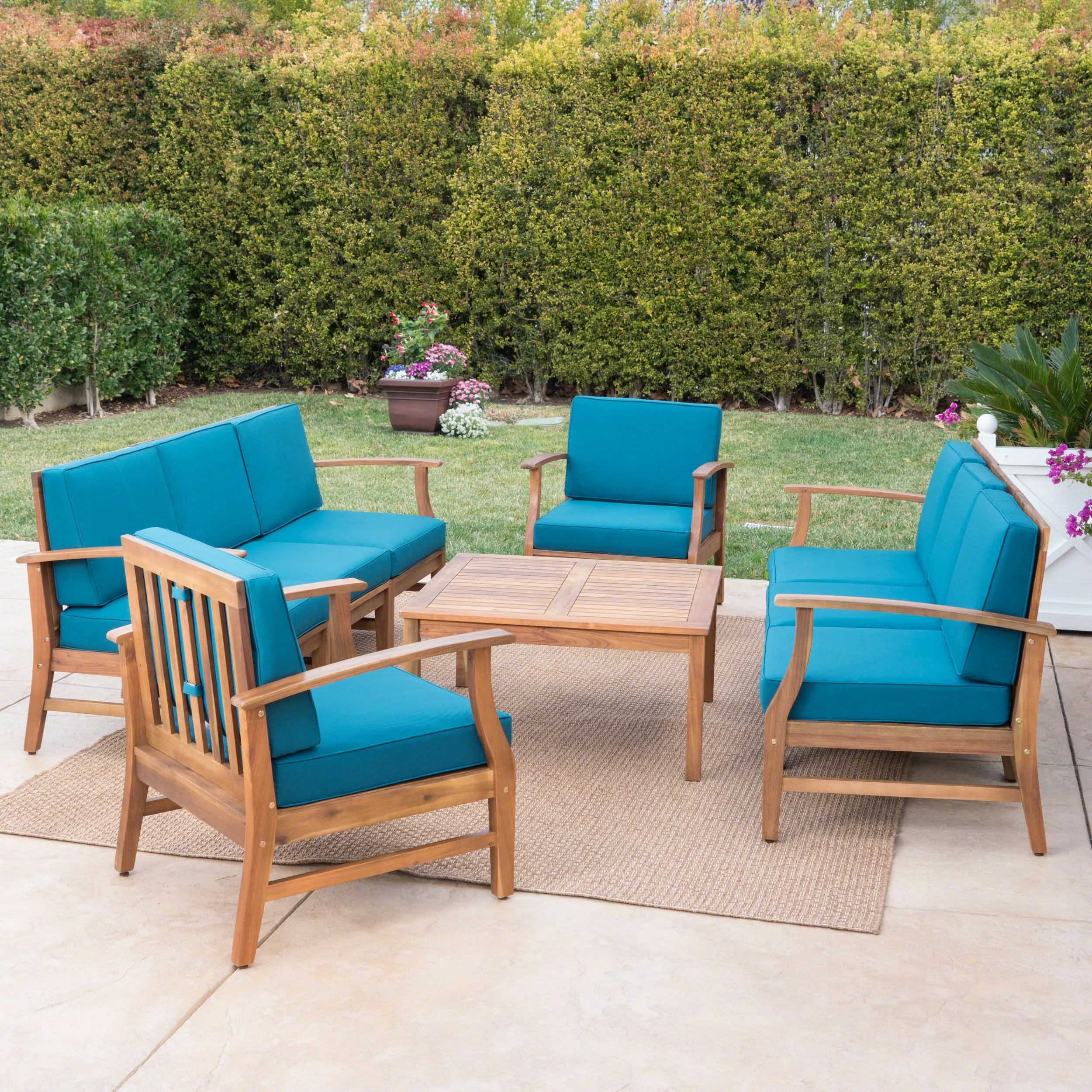 Peacock Outdoor 8 Seater Finished Acacia Wood Double Sofa and Club Chair Set with Cushions, Teak, Blue