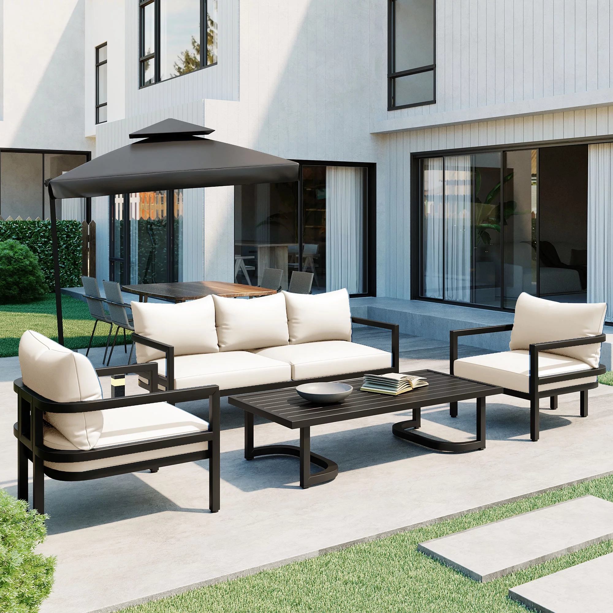 Churanty Metal Patio Conversation Set for 5 with cushions, All Weather Outdoor Steel Sofa Set with 3 Seat Sofa and 2 Chairs for Gardens and Lawn,Beige